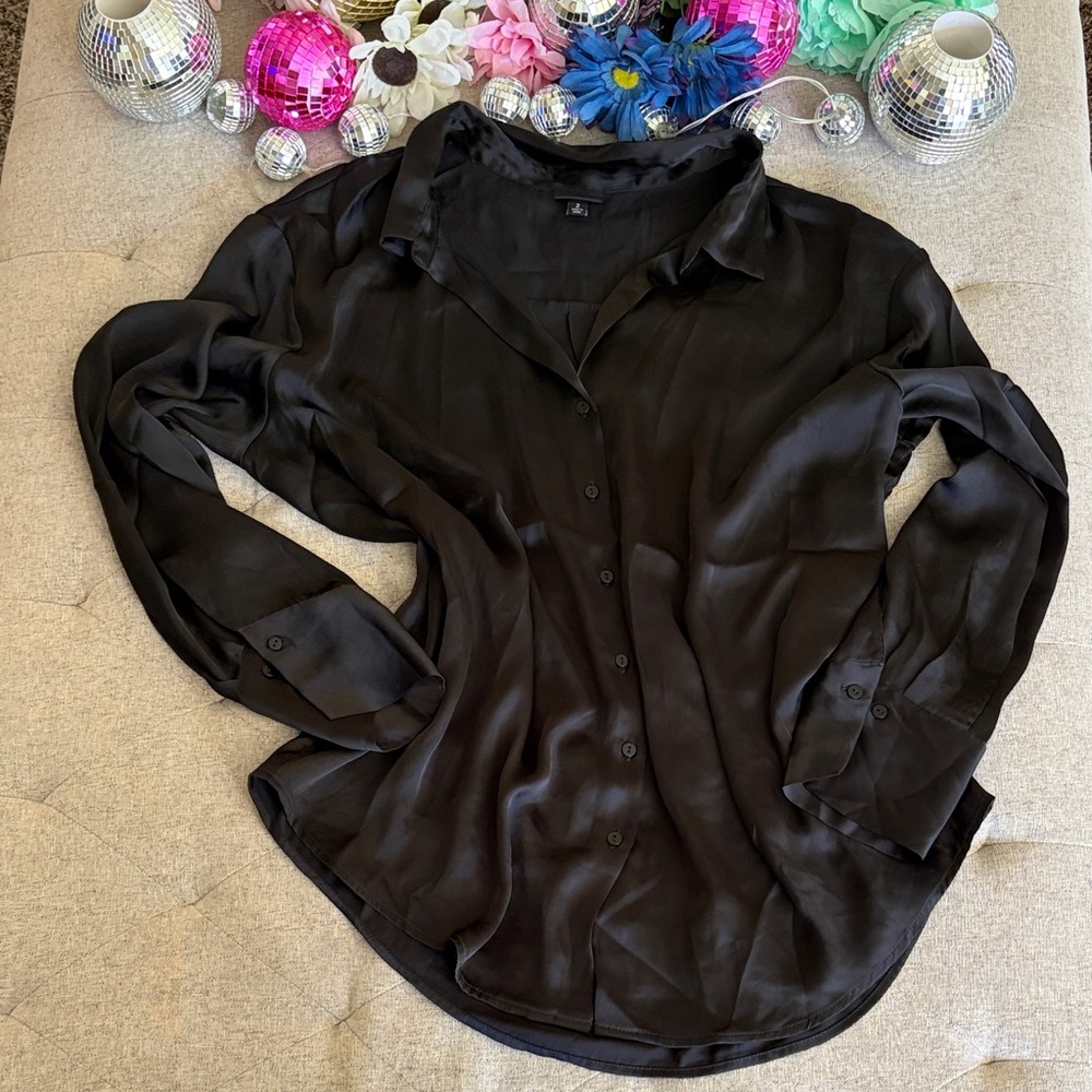 Satin Black Long-Sleeve Button-Up Blouse